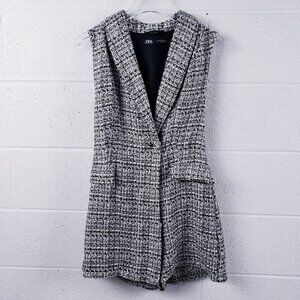 Zara Tweed Overall Dress Romper Black and White Sleeveless Size Small